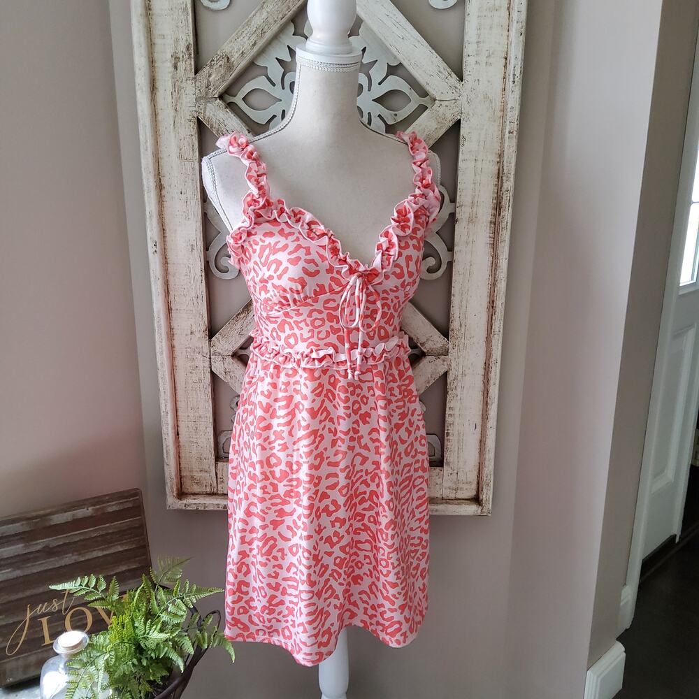 Peach Love Coral Leopard Ruffle Mini Dress Soft Girl Sleeveless Smocked Large
